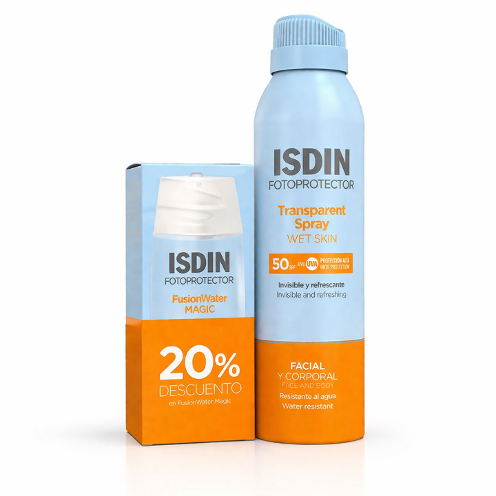 Pack Fotoprotección ISDIN Fusion Water Magic + Transparent Spray Wet Skin