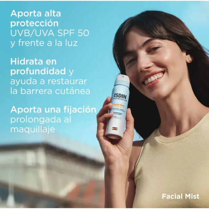Bruma solar facial SPF 50+ para reaplicar la protección durante el día sobre el maquillaje